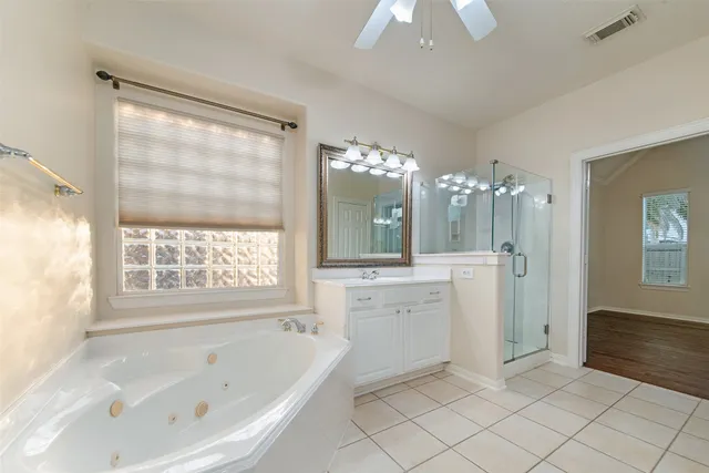 a bathroom with a bathtub a sink a large mirror and a shower