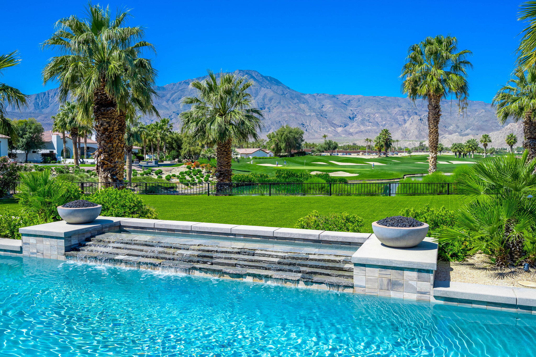 a view of a garden with a bench and palm trees
