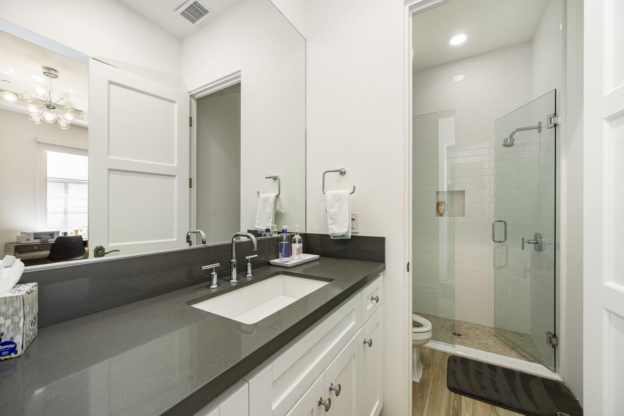 59805 Seville La Quinta, CA 92253 - Photo 42 of 61 a bathroom with a sink double vanity granite tub shower and mirror