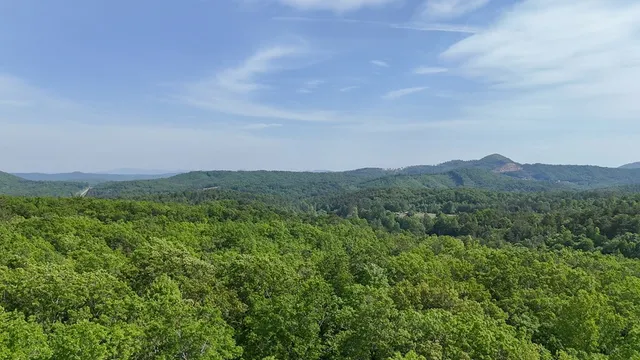 a view of a lush green outdoor space with a swimming pool and valleys in the background