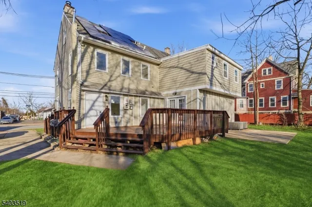 a view of a park with large trees