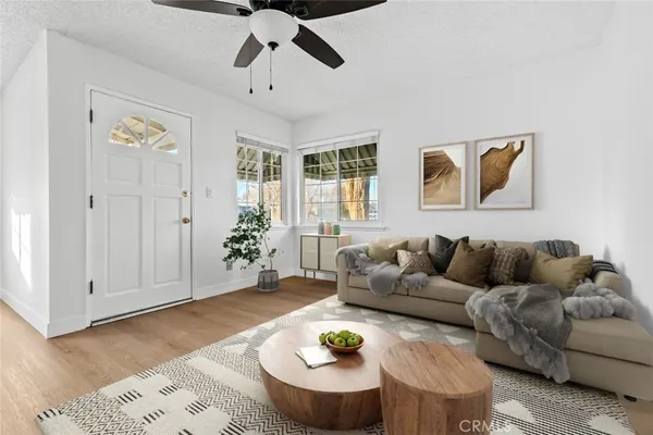 a living room with furniture and a potted plant
