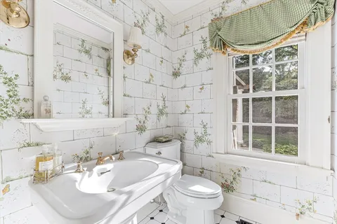 a bathroom with a sink a toilet and a shower curtain