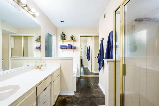 a bathroom with a sink a mirror and a shower