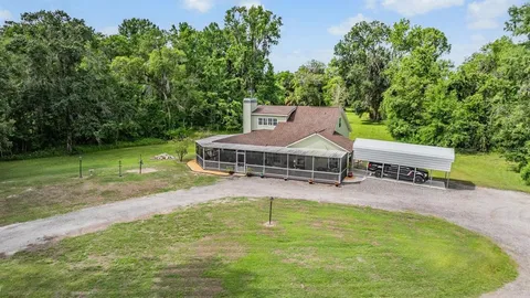 an aerial view of a swimming pool