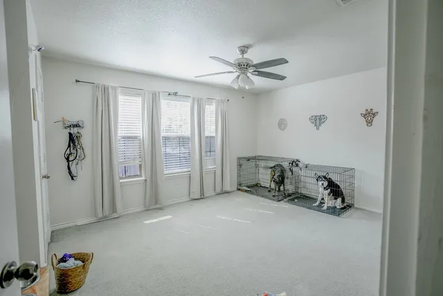 a view of room with workspace and windows