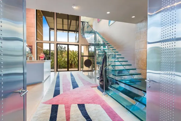 a living room with stairs