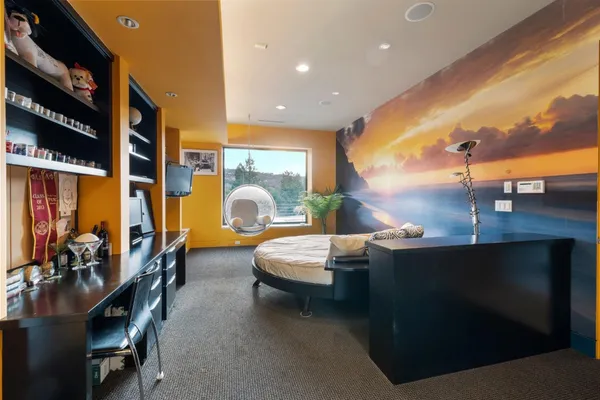 a view of a dining room with furniture window and outside view