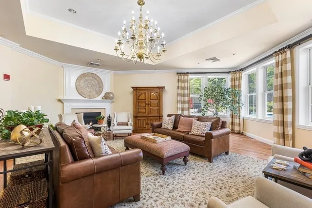 a living room with furniture a fireplace and a chandelier