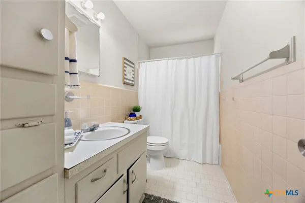 a bathroom with a sink a toilet and shower curtain