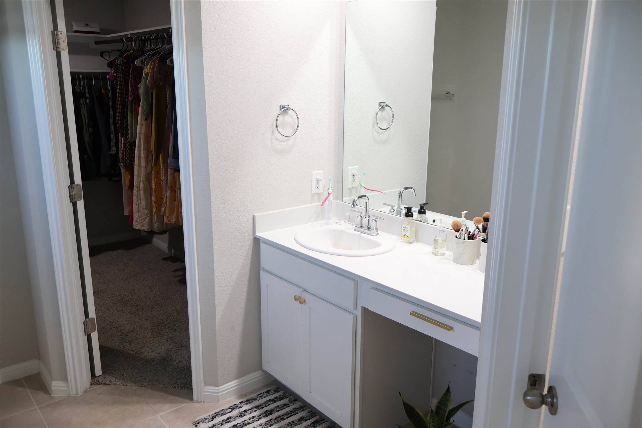 11500 Maple Leaf Way Manor, TX 78653 - Photo 18 of 29 Bathroom with vanity, a walk in closet, and light tile patterned floors
