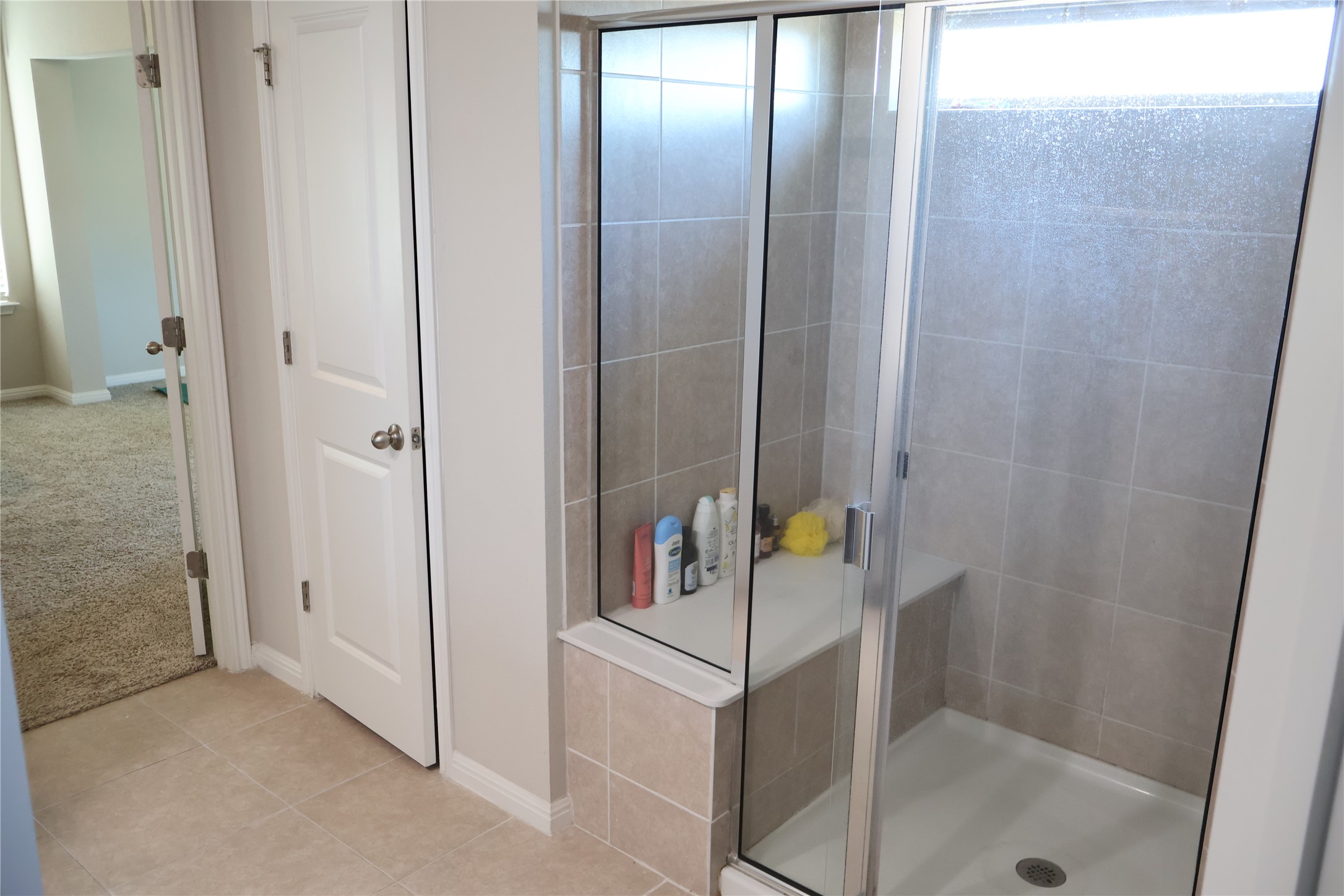 11500 Maple Leaf Way Manor, TX 78653 - Photo 21 of 29 Full bath featuring a shower stall, light tile patterned floors, and light colored carpet