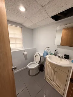 a bathroom with a toilet sink and mirror
