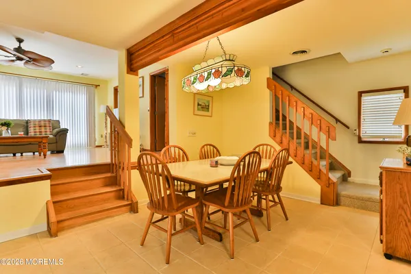 a view of a dining room with furniture