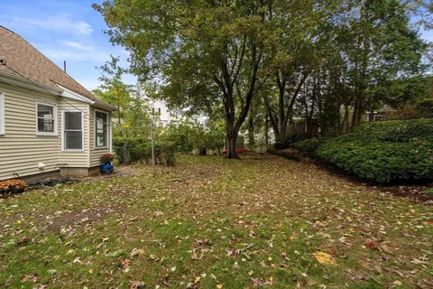 a view of a backyard with large trees