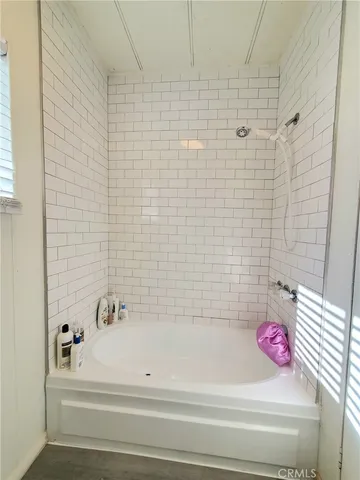 a bathroom with a bathtub and shower