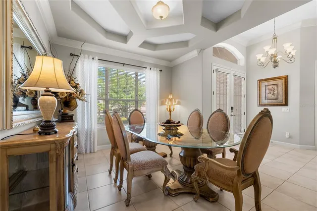 a view of a dining room with furniture window and outside view