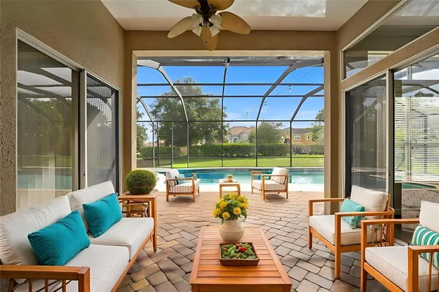 a outdoor space with patio the couches and pool view