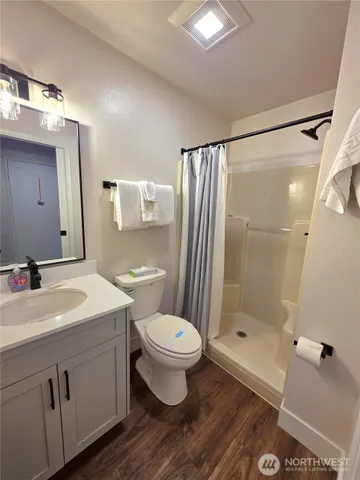 a bathroom with a sink a toilet and shower