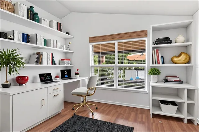 a workspace with furniture bookshelf and a window