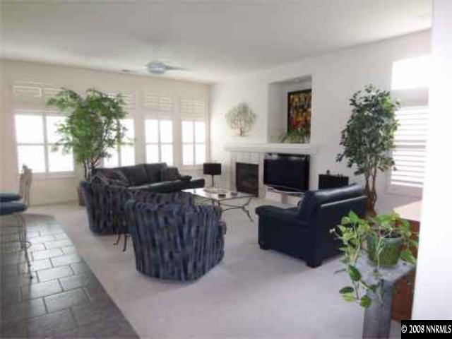 10045 Aniane Street Reno, NV 89521 - Photo 3 of 9 a living room with furniture potted plant and a fireplace