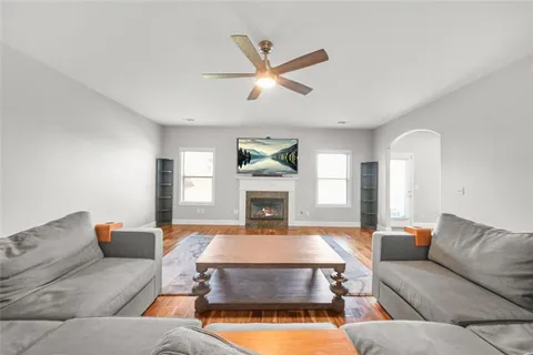 a view of a hallway with windows