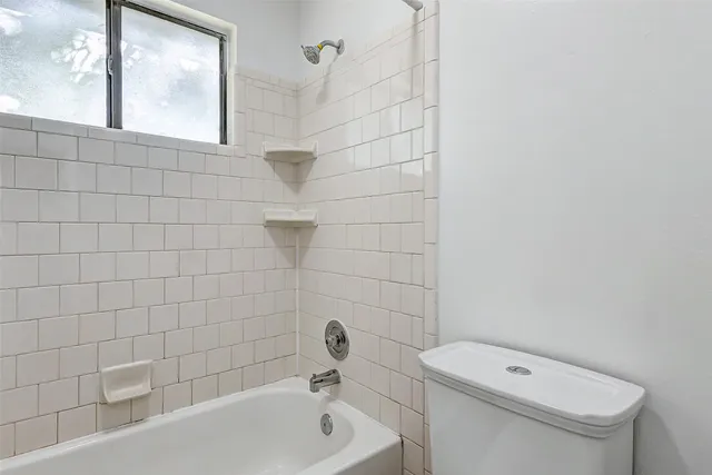 a bathroom with a toilet and bathtub