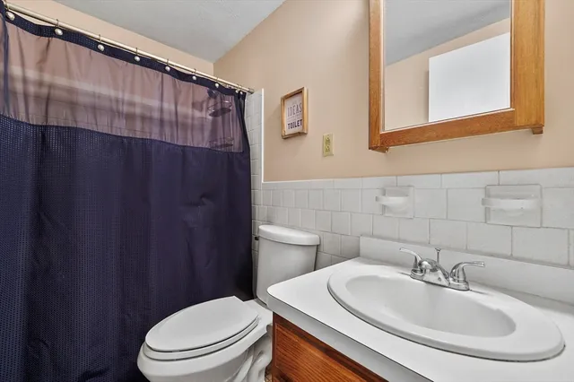 a bathroom with a sink a toilet and shower curtain