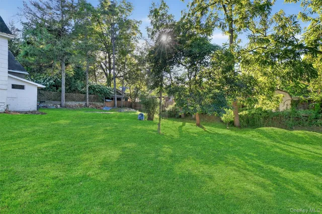 a view of a backyard with large trees