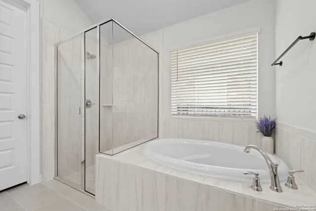 a bathroom with a bathtub and a shower