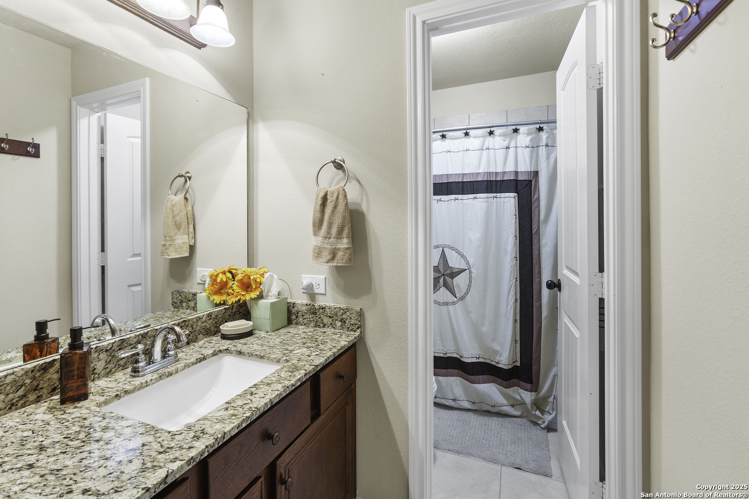 187 Tracks Center Point, TX 78010 - Photo 23 of 42 a bathroom with a granite countertop sink and a mirror