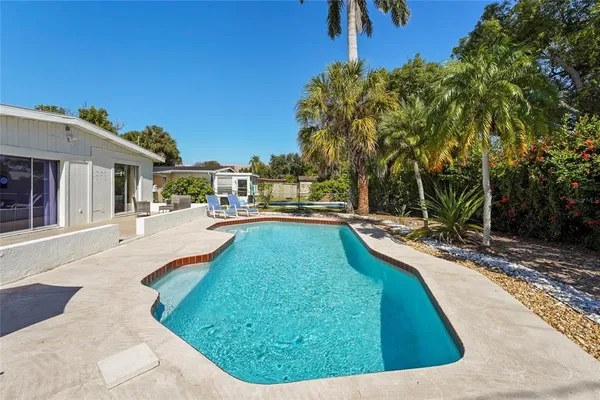 a view of a swimming pool with a garden
