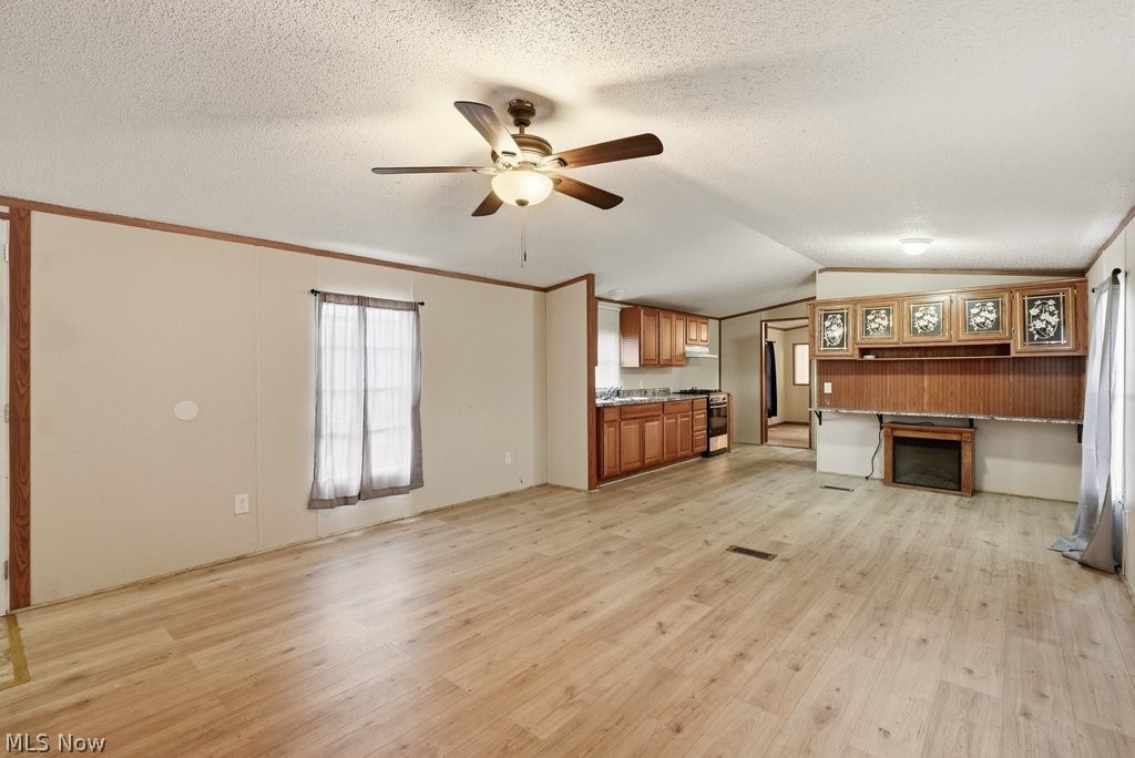 6507 Robby Lane Ravenna, OH 44266 - Photo 8 of 25 Unfurnished living room with a ceiling fan, light wood-type flooring, ornamental molding, and a textured ceiling