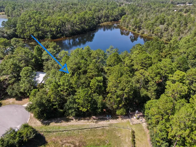 an aerial view of a house with a yard and lake view