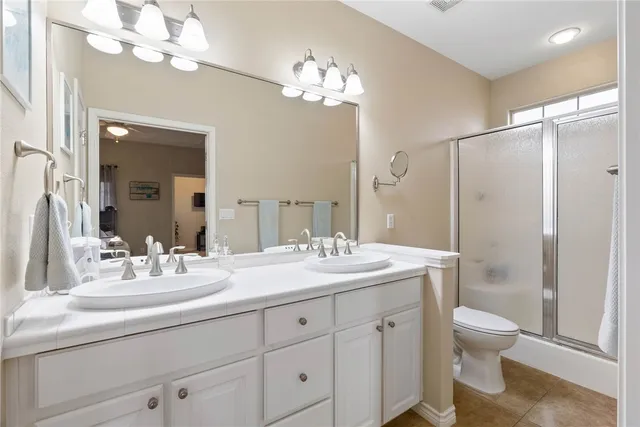 a bathroom with a sink a toilet and a large mirror