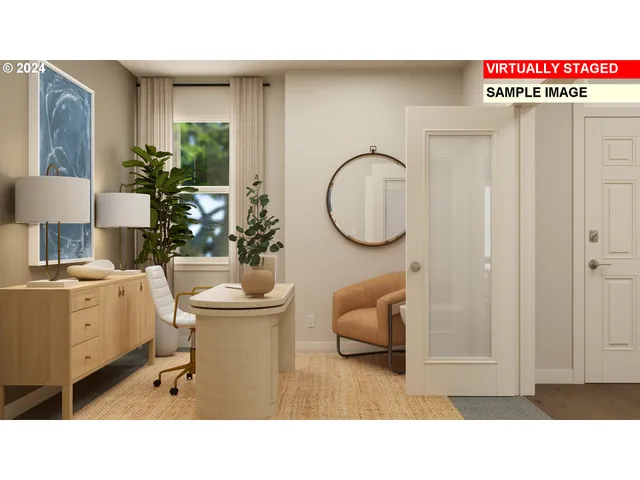 a living room with furniture a mirror and white walls