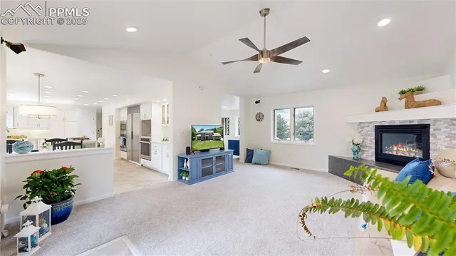 a living room with furniture and a fireplace