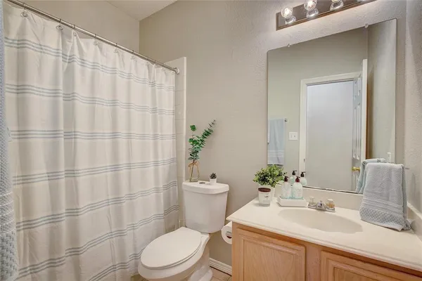 a bathroom with a sink a toilet and shower curtain