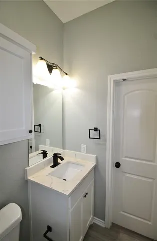 a bathroom with a sink a toilet and mirror