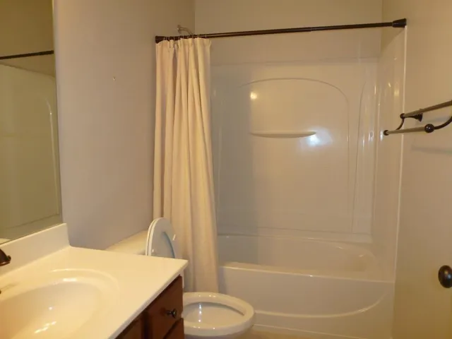 a bathroom with a shower and a toilet