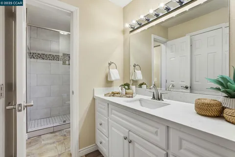 a bathroom with a sink shower and a mirror