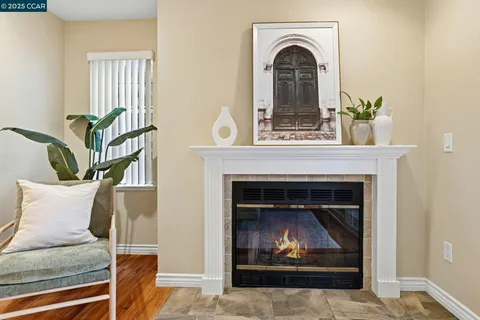 a living room with a fireplace and potted plant