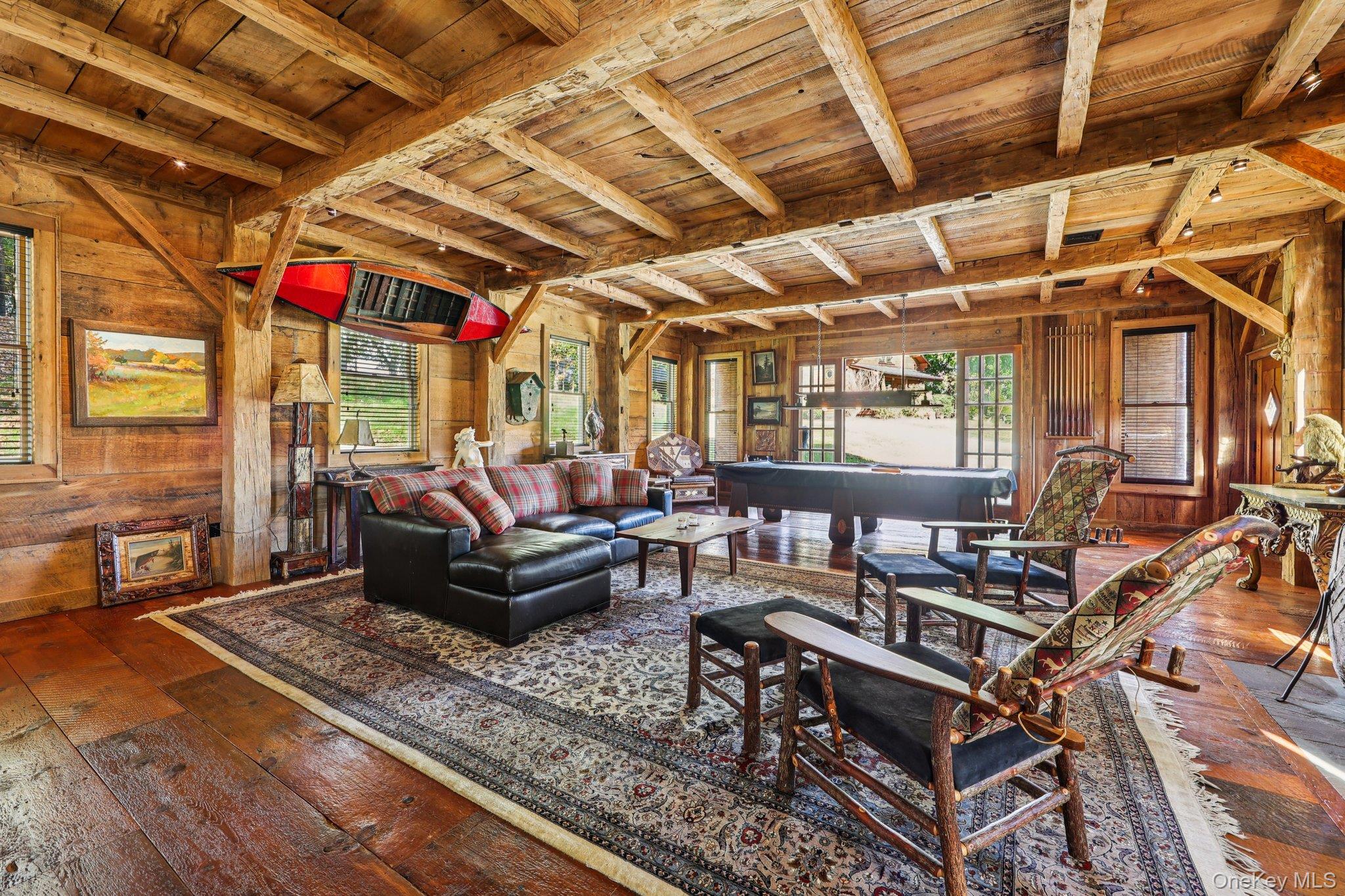 101 Upper Wisner Road Warwick, NY 10990 - Photo 24 of 48 Living area with wood walls, a wood ceiling with exposed beams, hardwood / wood-style flooring, plenty of natural light, and pool table