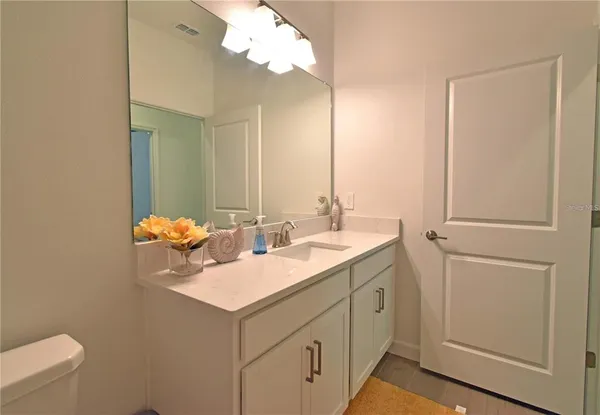 a bathroom with a sink toilet and mirror