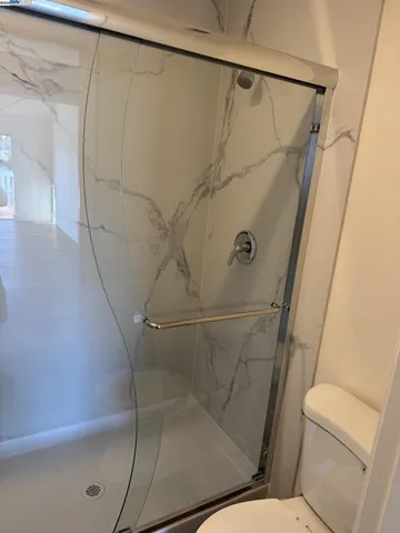 a bathroom with a shower and a toilet