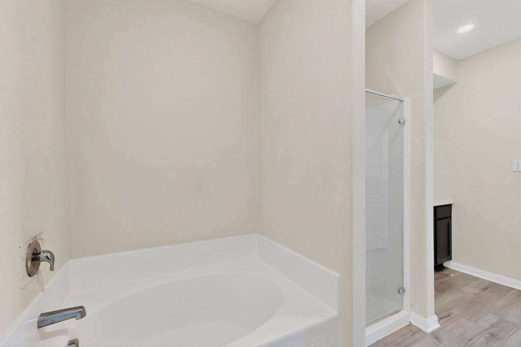 148 Point Rider Road Newark, TX 76071 - Photo 23 of 40 Full bath featuring a garden tub, a shower stall, vanity, wood finished floors, and recessed lighting
