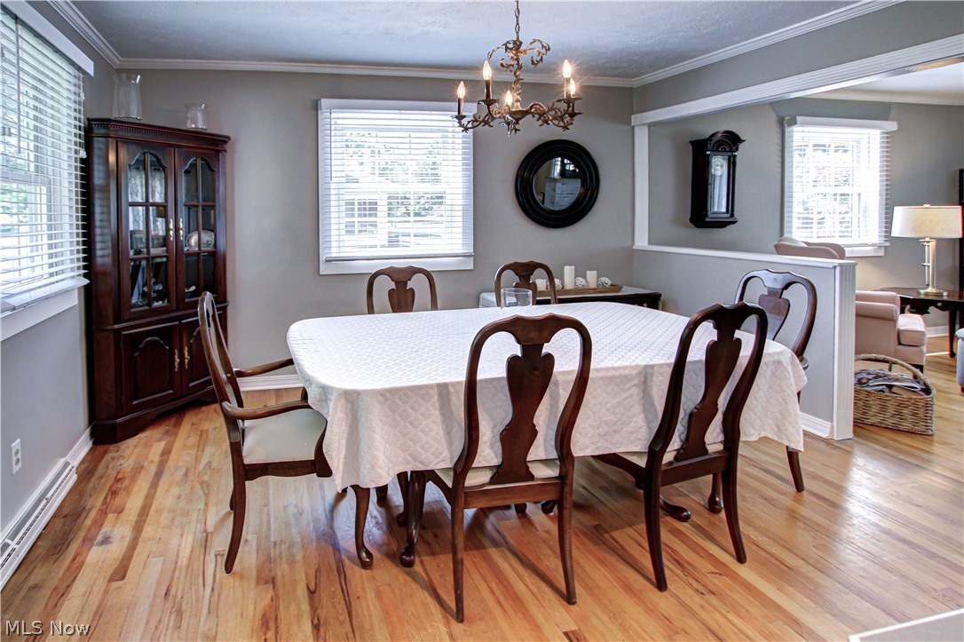 910 Andrews Road Medina, OH 44256 - Photo 12 of 45 Dining room with crown molding, a wealth of natural light, light wood-type flooring, and a notable chandelier