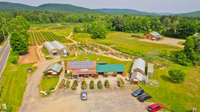 an aerial view of residential houses with outdoor space and swimming pool