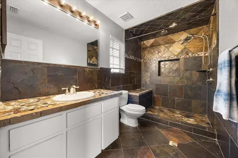 a bathroom with a sink a toilet and shower