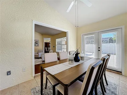 a view of a dining room with furniture